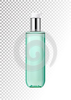 Realistic transparent plastic bottle with two-phase cosmetic product with pump dispenser.Package for tonic, lotion