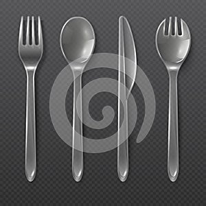 Realistic transparent plastic cutlery. Spoon, fork and knife . Disposable tableware vector set