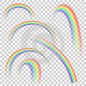 Realistic transparent rainbow set in different shapes. Vector background.