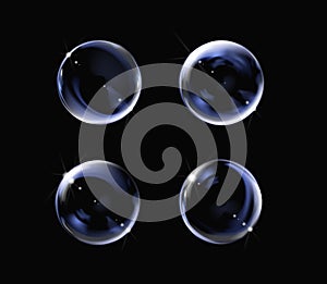 Realistic transparent soap bubble on black background. Soap Bubble set with glares. Bubbles illustration vector.