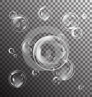 Realistic Transparent Soap Bubbles with Reflection on Checkered Background