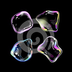 Realistic transparent soap bubbles with shinyr ainbow reflection set. Vector 3D bubbles of different shapes