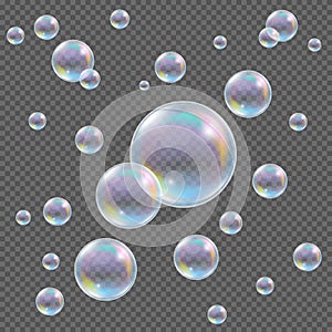 Realistic transparent vector soap bubbles with rainbow reflection and glares on checkered background