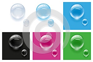 Realistic transparent water drops on colorful backgrounds. Vector illustration. Drops water rain.