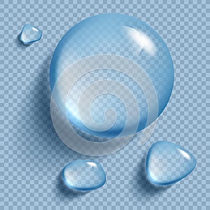 Realistic transparent water drops. Rain drops on the transparent background. Vector illustration