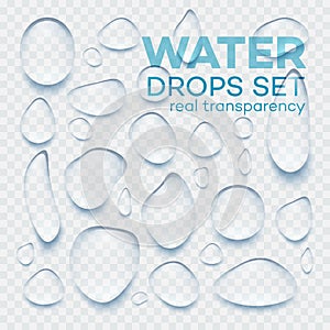 Realistic transparent water drops set . Vector illustration