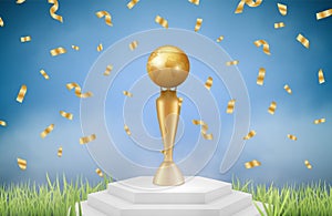 Realistic trophy. Sport gold award on grass with falling confetti vector illustration