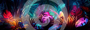 Realistic tropical leaves with neon glow , Generative AI