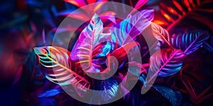 Realistic tropical leaves with neon glow , Generative AI