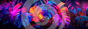 Realistic tropical leaves with neon glow , Generative AI