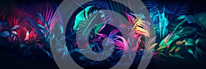 Realistic tropical leaves with neon glow , Generative AI