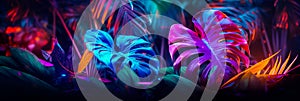 Realistic tropical leaves with neon glow , Generative AI