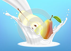 Realistic tropical whole and half sliced pear and splash of milk illustration isolated on blue background. Natural cosmetic,