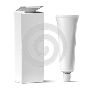 Realistic tube with box mockup. White plastic tuba for toothpaste or cream, gel and rectangular cardboard packaging vector