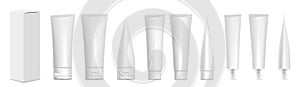 Realistic tubes with box. White plastic tubes for toothpaste, cream, gel and shampoo. Blank packaging front and side view vector