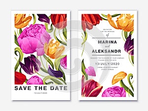 Realistic tulips and peonies in a ready-to-use template for your product design.