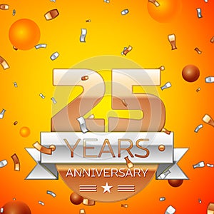 Realistic Twenty five Years Anniversary Celebration design banner. Gold numbers and silver ribbon, balloons, confetti on