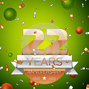 Realistic Twenty two Years Anniversary Celebration design banner. Gold numbers and silver ribbon, balloons, confetti on