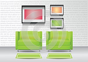 Realistic two green armchairs with two carpets and three photoframes on the wall. Interior vector illustration photo