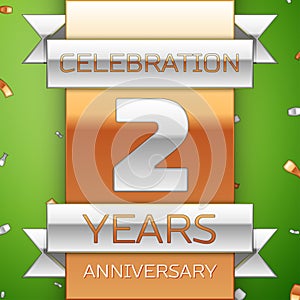 Realistic Two Years Anniversary Celebration Design. Silver and golden ribbon, confetti on green background. Colorful