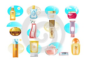 Realistic types of cosmetic products, creams, skin care products, gels.