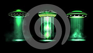 Realistic UFO, alien spaceship. Green glowing light beam, space futuristic Sci-fi technology, fantasy abduction, glow
