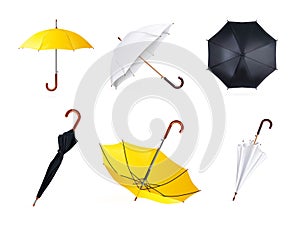 Realistic umbrella. Waterproof umbel, 3d black white yellow fabric umbrellas blank mockup, inverted parasol for