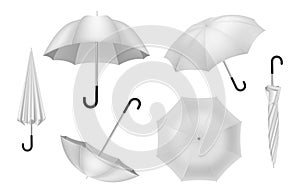 Realistic umbrella, white parasol, closed and open canopy. Plastic sun handle waterproof device, light shadow object