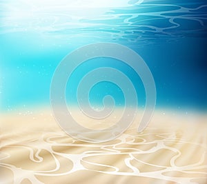 Realistic underwater background. Ocean deep, sea under water level, sun rays blue wave horizon. Azure tropical tranquil