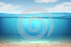 Realistic underwater background. Ocean deep water, sea under water level, sun rays blue wave horizon. Surface 3D vector