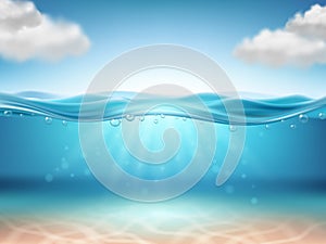 Realistic underwater background. Ocean water, sea under water level. Vector realistic illustration