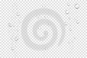 Realistic underwater fizzing air bubbles isolated on transparent background. Sparkling water, air bubbles