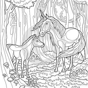 Realistic unicorns creatures in the middle of the magic forest sketch template. Cartoon horse and baby in front of the moon trees