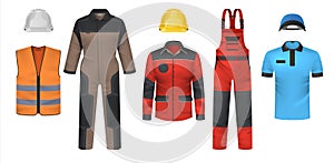 Realistic uniform. Workwear clothes mockup. Jumpsuit and t-shirt, bright jacket or vest. Safety outfit with helmet