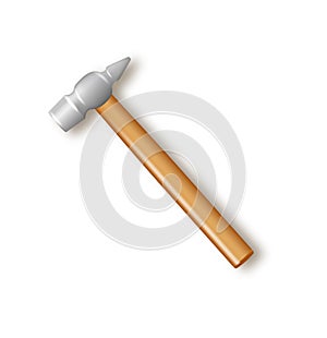 Realistic universal hammer with wooden handle. Vector industrial workers tool. Equipment for repair, contract and