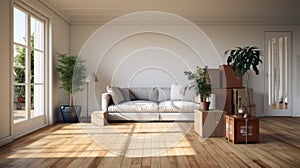 Realistic Urban Living Room With White Walls And Wood Flooring