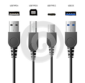 Realistic usb cable connectors, smartphone chargers set with modern types of plugs and sockets