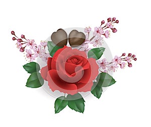 Realistic Valentine Day 3d set rose flower chocolate sakura blossom. Heart shape candy red flower cherry petals green