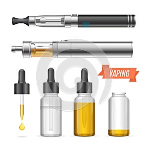 Realistic Vaping Vaporizer Liquid Set. Vector