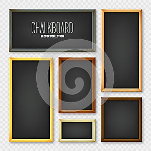 Realistic various chalkboards in a wooden frame. Black restaurant menu board. School blackboard, writing surface for