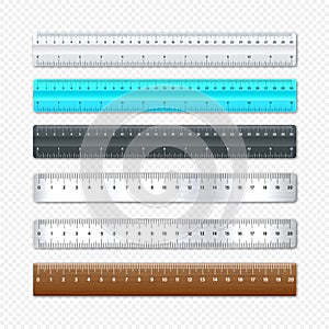 Realistic various metal and plastic rulers with measurement scale and divisions, measure marks. School ruler, centimeter