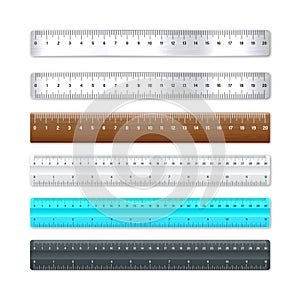 Realistic various metal and plastic rulers with measurement scale and divisions, measure marks. School ruler, centimeter
