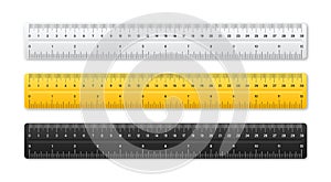 Realistic various plastic rulers with measurement scale and divisions, measure marks. School ruler, centimeter and inch