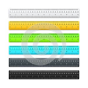 Realistic various plastic rulers with measurement scale and divisions, measure marks. School ruler, centimeter and inch