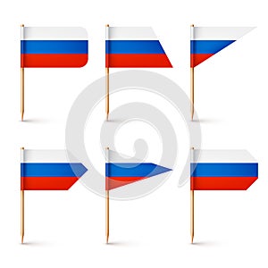 Realistic various Russian toothpick flags. Souvenir from Russia. Wooden toothpicks with paper flag. Location mark, map