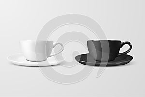 Realistic Vector 3d Blank White and Black Coffee Tea Cup, Mug Icon Closeup Isolated on White Background. Design Template
