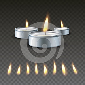 Realistic vector 3d burning tea candle on a dark background