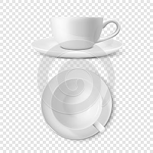 Realistic Vector 3d Glossy Blank White Coffee Tea Cup, Mug Set Closeup Isolated. Design Template of Porcelain Cup or Mug