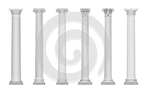 Realistic vector ancient greek rome column capitals set.
