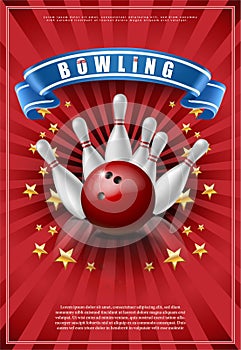 Realistic vector banner of bowling game with red ball and white skittles